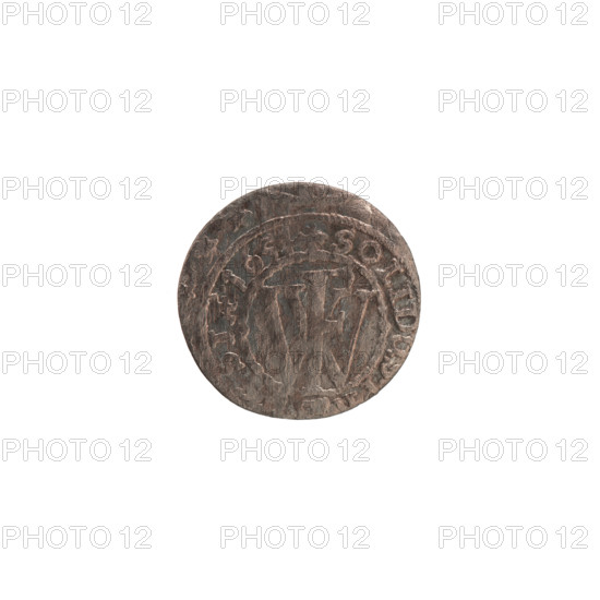 szelag, Frederick William (Elector of Brandenburg; 1620-1688). Obverse: Prussian eagle, on its chest a monogram composed of the letters IC. On the rim, between the pearly borders, an inscription beginning with a ducal mitre FRI, .WI, .SRIPR.EL. Reverse: monogram composed of the letters FW separating the inner border. In the rim an inscription beginning with a cross, divided by the Hohenzollern coat of arms +SOLIDU, SIAE.1654. 1654. Ducal Prussia (1525–1701), Königsberg. Coin; diameter 15.9 mm, weight 0.44 g, axis 0 degrees.