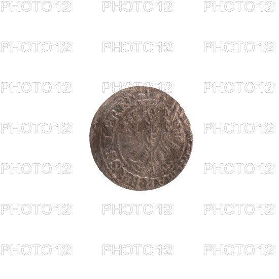 szelag, Frederick William (Elector of Brandenburg; 1620-1688). Obv: Prussian eagle, on its chest a monogram composed of the letters IC. In the rim, between the pearly borders, an inscription beginning with a ducal mitre, AR.BR.SRIPR.EL. Rev: Monogram composed of the letters FW dividing the inner border. In the rim an inscription beginning with a cross, divided by the Hohenzollern coat of arms, S.PR - USSI. 1654. Ducal Prussia (1525–1701), Königsberg. Coin: diameter 14.7 mm, weight 0.45 g, axis 0°.