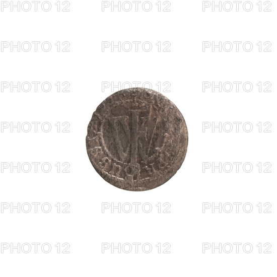 szelag; Obv.: Prussian eagle, on its chest a monogram composed of the letters IC; in the rim, between the pearly borders, an inscription beginning with a ducal mitre, AR.BR.SRIPR.EL.; Rev.: monogram composed of the letters FW dividing the inner border; in the rim an inscription beginning with a cross, divided by the Hohenzollern coat of arms, S.PR - USSI; 1654; Frederick William (Elector of Brandenburg; 1620–1688); Ducal Prussia (1525–1701), Königsberg; coin; diameter 14.7 mm; weight 0.45 g; axis 0 degrees