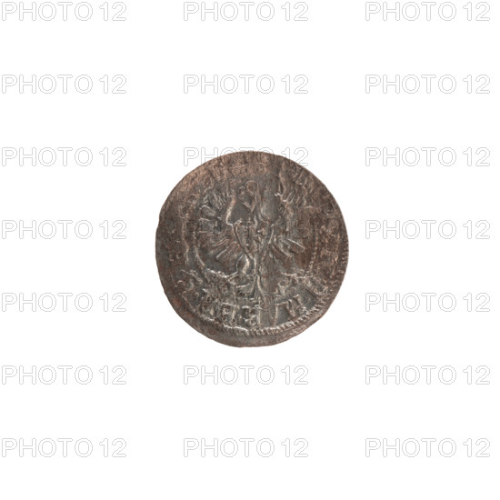 szelag, Frederick William (Elector of Brandenburg; 1620-1688). Obverse: Prussian eagle, on its chest a monogram composed of the letters IC; on the rim, between pearly borders, an inscription beginning with a ducal mitre FRID, H.MAR.BR.S. Reverse: monogram composed of the letters FW separating the inner border; on the rim an inscription beginning with a cross, divided by the Hohenzollern coat of arms, SOLS.PR, USSI, 1654. Ducal Prussia (1525–1701), Königsberg. Coin (szelag): diameter 15.5 mm, weight 0.47 g, axis 0°.