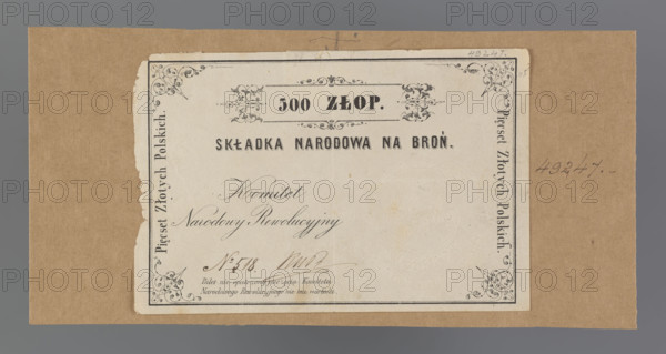 National contribution for weapons; National Government; national contribution for weapons; securities; January Uprising (1863–1864); Kingdom of Poland (1815–1918); Receipt number 518 for 500 Polish zlotys — national contribution for weapons with a dry impression of the seal of the National Revolutionary Committee showing a two-field shield with the Eagle and the Chaser; 1863; Poland; security; receipt; dimensions 137 mm × 90 mm. WQXBCFS