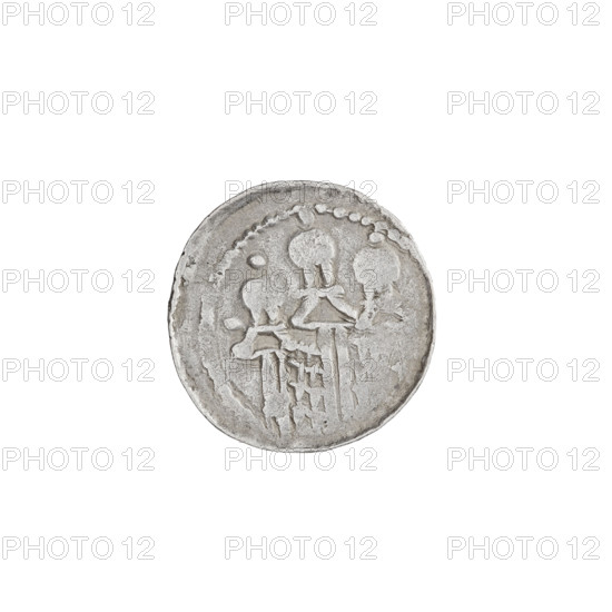 Denarius (royal type), Boleslaw II the Bold (King of Poland; 1058–1079). Obverse: Crowned bust of the king facing left, sword in hand; behind the ruler's head the sign: + Z, ++ (the last two crosses protruding to the left of the previous one). Reverse: Church topped with three domes; dot on the right side of the church. Royal type with swords, busts, crowns. Date: 1076–1079. Material: coin, weight 0.77 g, axis 90 degrees.
