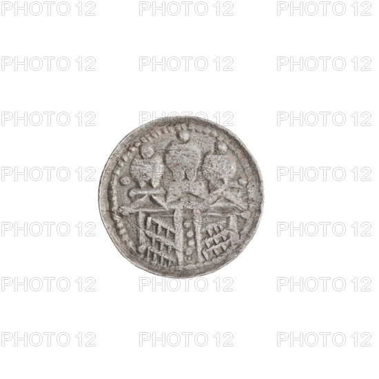 Denarius (royal type) of Boleslaw II the Bold (King of Poland; r. 1058–1079). Obverse: Crowned bust of the king facing left, sword in hand, sign 'x Zx' behind the ruler's head. Reverse: Church topped with three domes; on the sides of the church above the roofs two dots. Date: 1076–1079. Place: Kraków, Poland. Coin, weight 0.72 g, axis 270°.