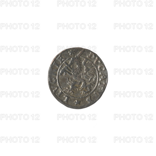 Livonian szelag, Sigismund II Augustus (king of Poland; 1544–1572), (interregnum); Chodkiewicz, Jan Hieronimowicz (ca. 1537–1579), (administrator of Livonia); Iberfeld, Walentyn (fl. 1572–1573), publisher; Hincza, Jakub (fl. 1572–1573), publisher. Gryf z Mieczem (coat of arms; Inflanty), coat of arms, griffins; Jagiellonians (dynasty). Polish coin. Obverse: Griffin with raised sword turned left separating the rim inscription DVCATVS.LIVONIE. Reverse: below the value number I, inscription SCHIL/LING below the year 1572; rim inscription MON. NOVA. ARGENTE. Axis 340°.