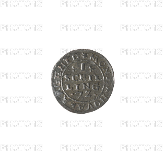 Livonian szelag, Sigismund II Augustus (king of Poland; 1544–1572), (interregnum). Issued under Jan Hieronimowicz Chodkiewicz (ca. 1537–1579), administrator of Livonia. Publishers: Walentyn Iberfeld (fl. 1572–1573) and Jakub Hincza (fl. 1572–1573). Gryf z Mieczem (coat of arms; Inflanty) — griffins. Jagiellonians (dynasty). Polish coin. Obverse: Griffin with raised sword turned left separating rim inscription: DVCATVS.LIVONIE. Reverse: Below the value number: .I.; inscription SCHIL/LING below the year .7Z.; rim inscription: .MON. .NOVA.ARGENTE. Date: 1572. Coin axis 340°.