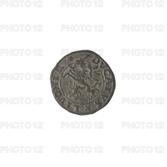 Livonian szelag, Sigismund II Augustus (king of Poland; 1544–1572), (interregnum), Jan Hieronimowicz Chodkiewicz (ca. 1537–1579), (administrator of Livonia), publishers: Walentyn Iberfeld (fl. 1572–1573) and Jakub Hincza (fl. 1572–1573); coat of arms: Potocki-Pilawa, Gryf with Sword (Inflanty); Jagiellonians (dynasty); griffins; Polish coin, silver; obverse: Gryf with raised sword turned left separating the inscription in the rim: DVCATVS.LIVONIE; reverse: below the value number I inscription SCHIL/LING below the year .7Z.; rim inscription: .MONE.NOVA.ARGENTE; date 1572; Inflanty (Livonia), axis 330°