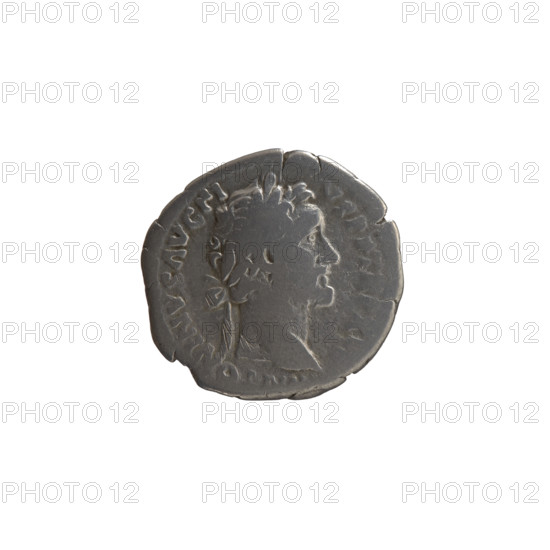 Denarius, Antoninus Pius (86–161; Roman emperor 138–161), issuer. Obverse: head of the emperor in a laurel wreath facing right, inscription ONINVS AVG PI - VS PP TR P XVI, all around. Reverse: Annona (personification) stands left, holds ears of corn in her right hand, rests her left on a container (modius) standing on a ship, inscription C OS - IIII all around. Date: 153–155. Roman Empire (27 BC–476), Rome. Coin. Diameter 17.5–19.0 mm, weight 2.98 g, axis 180°. Iconography: Antoninus Pius, personifications, modius, ships.