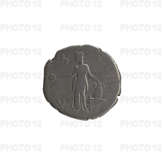 Denarius of Antoninus Pius (86–161; Roman emperor 138–161), obverse: head of the emperor in a laurel wreath facing right, inscription ONINVS AVG PI - VS PP TR P XVI all around; reverse: Annona (personification) stands left, holds ears of corn in her right hand, rests her left on a container (modius) standing on a ship, inscription C OS - IIII all around. Date: 153–155. Roman Empire (27 BC–476), Rome. Coin; diameter 17.5–19.0 mm, weight 2.98 g, axis 180°. Iconography: Antoninus Pius, personifications, modius, ships.