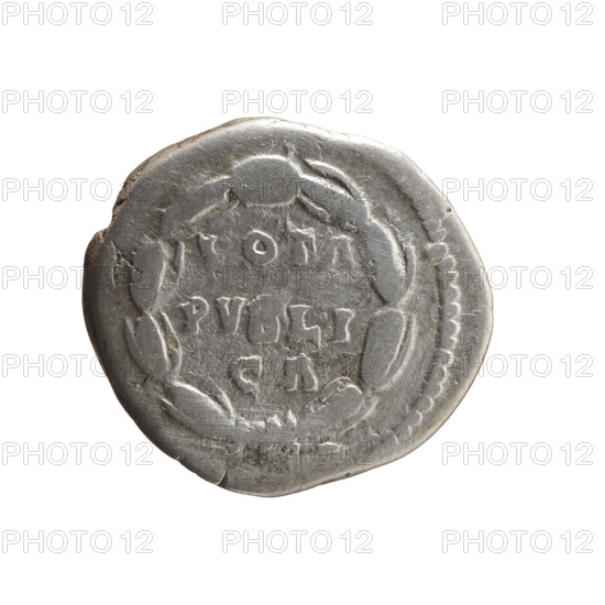 Denarius, Lucilla (149–183/182; Roman empress 164–169), issuer: Lucius Verus (130–169; Roman emperor 161–169). Obverse: bust of Lucilla in drapery facing right, inscription LVC·LAE·AVG·ANTONINI·AVG·F. Reverse: votive offerings and wreaths; in the middle of the wreath a legend in three lines: VOTA / PVBLI / CA. Date: 164–169. Roman Empire (27 BC–476). Rome. Coin. Diameter 18.0–20.0 mm, weight 3.02 g, axis 180°.