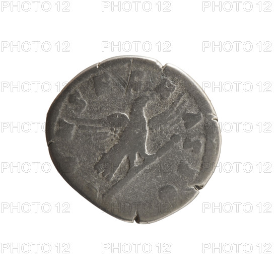 Denarius, Commodus (reigned 177–192), issued posthumously for Marcus Aurelius (reigned 161–180). Obverse: head of Marcus Aurelius bare, facing right, inscription DIVVS MA - NTON, VS PIVS. Reverse: eagle with spread wings flying right and upward, holding a scepter in its claws, inscription CONSECR - ATIO. After 180 CE, Roman Empire (Rome). Coin; diameter 17.5–18.5 mm, weight 2.63 g, axis 0°.