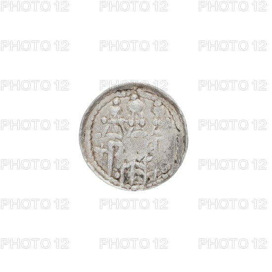 Denarius (royal type) of Boleslaw II the Bold (King of Poland, 1058–1079). Obverse: crowned bust of the king facing left, sword in hand; behind the ruler's head the sign :x. Reverse: church topped with three domes; in front of the church, below the roofline, a cross. Royal type with swords, busts, crowns. Date: 1076–1079. Poland, Kraków. Coin; weight 0.75 g; axis 135°.