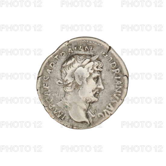 Denarius of Hadrian (76–138; Roman Emperor 117–138), 119–122. Obverse: Head of Hadrian with a laurel wreath at right; beaded border; rim inscription IMP CAESAR TRAIAN HADRIANVS AVG. Reverse: Personification of Ocean semi-reclining, turned left, holding an anchor in his right hand and resting his left on a dolphin; beaded border; rim inscription PM TR P COS III. Roman Empire (27 BC–476). Coin; weight 3.12 g.