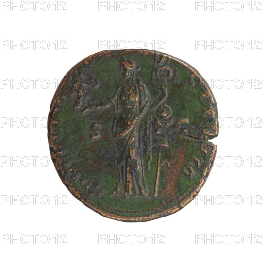 sestertius, Antoninus Pius (86–161; Roman emperor 138–161), issuer; obverse: head of the emperor in a laurel wreath facing right, inscription ANTONINVS AVG PI - VS PP TR P COS III; reverse: Concordia standing left, holding Victoria with a wreath in her outstretched right hand and a legionary sign in her left, inscription CONCORD, -, CITVVM; fields S - C; date: 140–144; Roman Empire (27 BC–476), Rome; coin; diameter 31.5 mm; weight 24.25 g; axis 345°; personifications: Concordia; attributes: Victoria, legionary signs; iconography: Antoninus Pius.