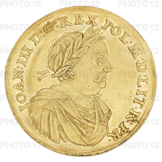Crown Double Ducat, Jan III Sobieski (King of Poland; 1674–1696), minted in Bydgoszcz. Obv.: Bust of Jan Sobieski in a laurel wreath facing right, dividing at the bottom the rim inscription: IOAN:III D:G:REX POL.M:D:LIT.R:PR. Rev.: Under the crown, a shield with the coats of arms of Poland, Lithuania and the Sobieski family. In the rim, an inscription divided at the top by a crown: SOLI DEO LAUS HONOR & GLORIA, 1674–1696. Coin, weight 6.78 g., A circular gold-colored coin with a raised profile of a person facing right wearing a laurel wreath and draped clothing; the surface shows engraved details and textured shading, with a rim around the edge and a ring of raised decorative elements near the border.