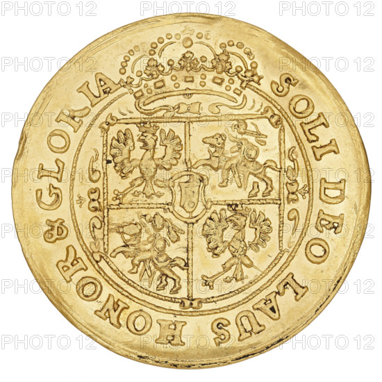Crown Double Ducat, Jan III Sobieski (King of Poland; 1674–1696), struck in Bydgoszcz. Obverse: Bust of Jan Sobieski in a laurel wreath facing right, dividing at the bottom the rim inscription: IOAN:III D:G:REX POL.M:D:LIT.R:PR. Reverse: Under the crown, a shield with the coats of arms of Poland, Lithuania and the Sobieski family. In the rim, an inscription divided at the top by a crown: SOLI DEO LAUS HONOR & GLORIA. Date: 1674–1696. Coin, weight 6.78 g., A round metallic object with a golden color fills the image, showing an embossed circular design divided into four quadrants by a raised cross and surrounded by a decorative border and a crown motif near the top; each quadrant contains a different raised emblem including bird-like figures and horse-mounted figures, and there are ornate flourishes and small raised dots around the crown and inner border.