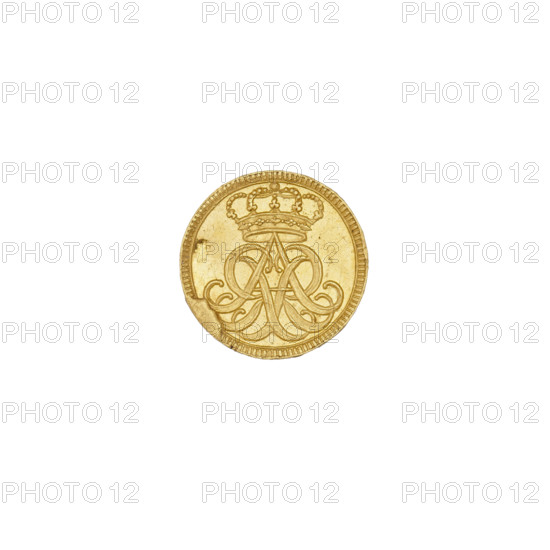 Trial coin (quarter-ducat), Augustus II the Strong (king of Poland; 1697–1706, 1709–1733), Augustus II the Strong (1670–1733), trial coins, Saxony. Obv.: Under the crown the monogram AR; Rev.: Under the crown a shield with the coats of arms of Poland, Lithuania and Saxony, on the sides the year: 17-10, 1710, Dresden, Saxony, coin, weight 0.83 g