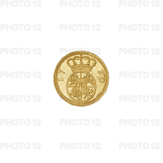 Trial coin (quarter-ducat), Augustus II the Strong (king of Poland; 1697–1706, 1709–1733), Augustus II the Strong (1670–1733), trial coin, Saxony. Obv.: Under the crown the monogram AR. Rev.: Under the crown a shield with the coats of arms of Poland, Lithuania and Saxony; on the sides the year: 17-10, 1710. Dresden, Saxony. Coin, weight 0.83 g.