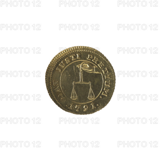Weight for weighing ducats; maker: Brenn, Efraim (Minet Master; 1741–1792); associated with Stanislaw August Poniatowski (King of Poland; 1764–1795 / 1732–1798). Monetary weight dated 1791. Obverse: hand holding a scale; in the rim between continuous and pearly borders the inscription: DAT JUSTI PRETIUM..1791. Reverse: inscription in two lines: I/DUKAT, below a floral motif, around the inscription: 72 1/2 ESSOW HOLLENDERSKICH; pearl border; obliquely fluted edge. Polish-Lithuanian Commonwealth (1569–1795), Warsaw, Poland. Coin/weight dimensions: diameter 18.8 mm; diameter 19.5 mm; weight 3.48 g.