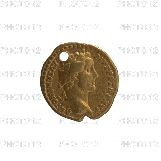 Aureus (with a hole), Antoninus Pius (86–161; Roman emperor 138–161), issuer; obverse: head of the emperor in a laurel wreath facing right, inscription 'ANTONINVS AV - PIVS PP TR P XVI'; reverse: Antoninus Pius in a toga stands left, holding a globe in his outstretched right hand and a scroll in his left, inscription 'C OS - IIII' circumferential; dated 152–153; Roman Empire, Rome; coin; diameter 18.0 mm; weight 7.12 g; axis 180 degrees.