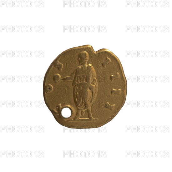 Aureus (with a hole), Antoninus Pius (86–161; Roman emperor 138–161) (issuer); obverse: head of the emperor in a laurel wreath facing right, inscription 'ANTONINVS AV - PIVS PP TR P XVI'; reverse: Antoninus Pius in a toga stands left, holding a globe in his outstretched right hand and a scroll in his left, inscription 'C OS - IIII' circumferential; date ca. 152–153; Roman Empire, Rome; coin; diameter 18.0 mm; weight 7.12 g; axis 180°.