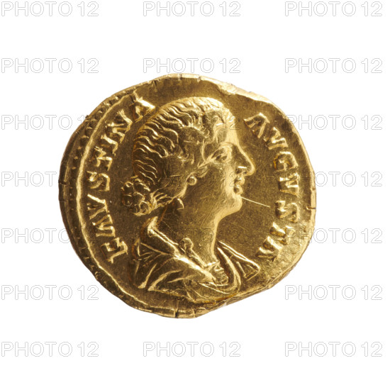 Aureus; Faustina the Younger (ca. 130–176; Roman empress 161–176), Marcus Aurelius (121–180; Roman emperor 161–180) (issuer). Bust of Faustina II in drapery facing right, inscription FAVSTINA · AVGVSTA; reverse: Salus seated left, holding a patera in her right hand above an altar around which a snake coils, left hand resting on the throne, inscription SALVTI · AVGVSTAE. Iconography: Salus (personification), personifications, snakes, pateras, altars. Date: 161–176. Roman Empire, Rome. Coin. Diameter 17.5–19.0 mm; weight 6.90 g; axis 0°.