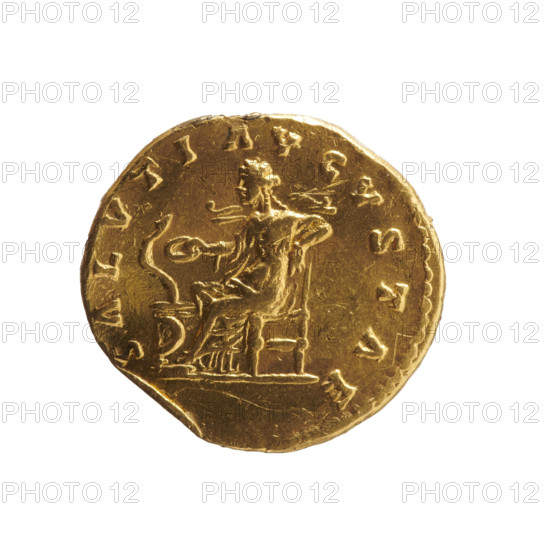 Aureus depicting Faustina the Younger (ca. 130–176; Roman empress 161–176) and Marcus Aurelius (121–180; Roman emperor 161–180) as issuer. Obverse: Bust of Faustina II in drapery facing right, inscription FAVSTINA·AVGVSTA. Reverse: Salus (personification) seated left, holding a patera in her right hand above an altar around which a snake coils, left hand resting on the throne, inscription SALVTI·AVGVSTAE. Date ca. 161–176, Roman Empire, Rome. Coin: diameter 17.5–19.0 mm, weight 6.90 g, axis 0°.
