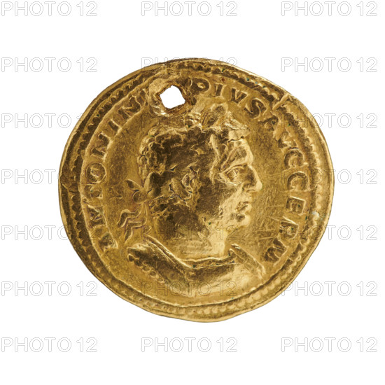 Aureus (with hole), Caracalla (188–217; Roman emperor 198–217), issuer. Obv.: ANTONIN PIVS AVG GERM — Bust of Caracalla with a laurel wreath and armor, facing right. Beaded border. Rev.: PM TRP XX COS III P P — Serapis, wearing a polos, standing with head turned left, holding a wreath in his right hand and a scepter vertically in his left. Beaded border. 217 AD. Roman Empire (27 BC–476). Rome. Coin: diameter 21.2 mm, weight 6.30 g.