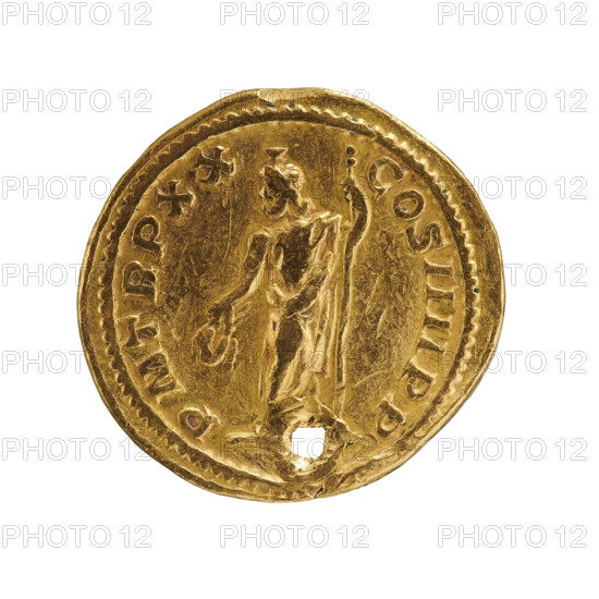 aureus (with hole), Caracalla (188–217; Roman emperor 198–217), issuer. Obv.: ANTONIN PIVS AVG GERM — Bust of Caracalla with a laurel wreath and armor, right. Beaded border. Rev.: PM TRP XX COS IIII P P — Serapis in polos, stands straight with head turned left, holding a wreath in his right hand and a scepter vertically in his left. Beaded border. 217 AD. Roman Empire (27 BC–476). Rome. Coin: dia. 21.2 mm; weight 6.30 g.