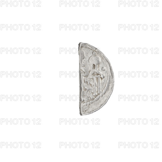Denarius (royal type), Boleslaw II the Bold (king of Poland; 1058–1079); obverse: crowned bust left, sword in hand; reverse: church topped with three domes; 1076–1079; Poland, Kraków; coin; weight 0.43 g.