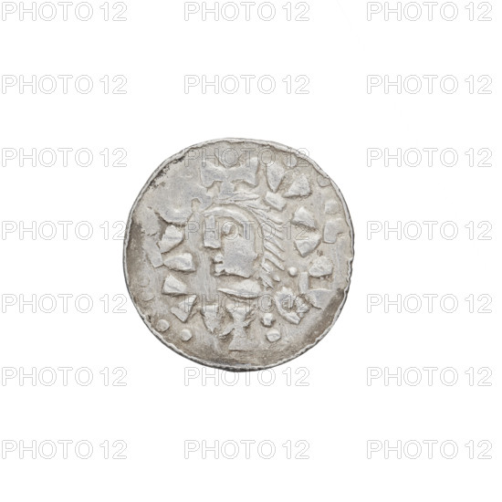 Denarius of Wladyslaw I Herman (prince of Poland; 1079–1102). Obverse: head of the prince facing left, inscription around the rim. Reverse: church with three crosses, inscription around the rim. Date: 1091–1102. Poland, Kraków. Coin; weight 0.59 g.