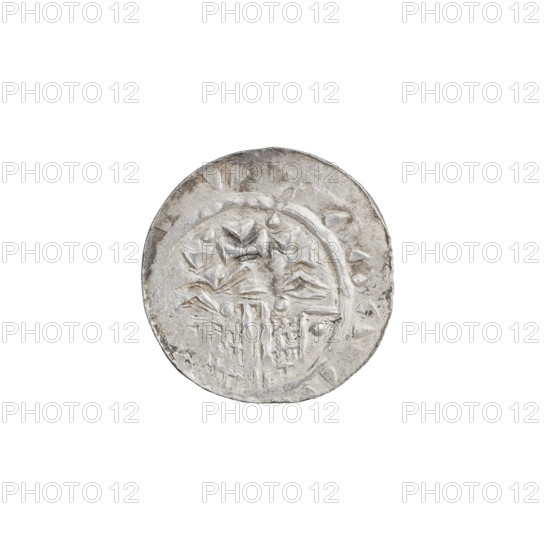 Denarius of Wladyslaw I Herman (prince of Poland; 1079–1102). Obverse: head of the prince facing left, inscription around the rim. Reverse: church with three crosses, inscription around the rim. Date: 1091–1102. Poland, Kraków. Coin, weight 0.59 g.