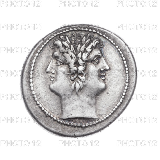 Didrachma (quadrigate). Obverse: Heads of the Dioscuri of the Janus type in laurel wreaths; beaded border. Reverse: Jupiter on a quadriga driven by Victoria to the right; Jupiter holds a thunderbolt in his right hand and a scepter in his left; below on a tablet a concave inscription ROMA; continuous border. 225–212 BC. Roman Republic. Rome. Coin; weight 6.50 g; axis 180 degrees. WQXBCFS