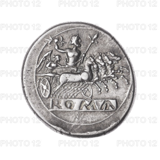 Didrachma (quadrigate). Obverse: Heads of the Dioscuri of the Janus type in laurel wreaths. Beaded border. Reverse: Jupiter on a quadriga driven by Victoria to the right; Jupiter holds a thunderbolt in his right hand and a scepter in his left; below on a tablet a concave inscription ROMA. Continuous border. 225–212 BC. Roman Republic. Rome. Coin. Weight 6.50 g. Axis 180 degrees. WQXBCFS