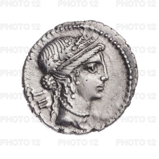 Denarius, Julius Caesar (100–44 BC; Roman dictator 49–44 BC). Obverse: Woman's head in an oak wreath and diadem; behind her an inscription. Pearly border. Reverse: Trophy with a Gallic shield and carnyx; on the right an axe; below the inscription CAESAR. Wreaths, shields, axes, carnyxes, women's heads, diadems. Date: July 13, 48–47 BC (Roman Republic, 505–27 BC). Coin; weight 3.92 g; axis 135 degrees.