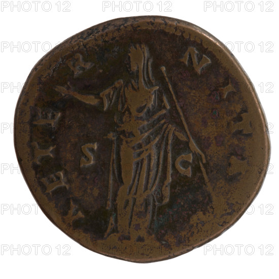 Sestertius, posthumous issue for Faustina the Elder (98–141; Roman empress 138–141). Obverse: Bust of Faustina I in drapery facing right, inscription IVA - FAVSTINA all around. Reverse: Juno in a veil standing left, right hand outstretched, holding a scepter in the left, inscription AETE - R - NITA - all around, in SC fields. Issuer: Antoninus Pius (86–161; Roman emperor 138–161). After 141, Roman Empire (27 BC–476), Rome. Coin (sestertius): diameter 31.0–33.0 mm, weight 25.40 g, axis 0°.