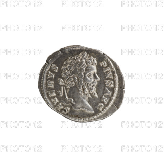 Denarius, standing emperor Septimius Severus (Roman emperor; 146–211). Obverse: SEVERVS PIVS AVG, head of Septimius Severus with a laurel wreath to the right; pearl border. Reverse: FVNDAT OR PACIS, emperor in a toga and veil stands facing left, holding a branch in his right hand and a scroll in his left; pearl border. Date: 201–210. Roman Empire (27 BC–476). Rome. Coin. Diameter 17.0–20.0 mm. Weight 3.20 g.