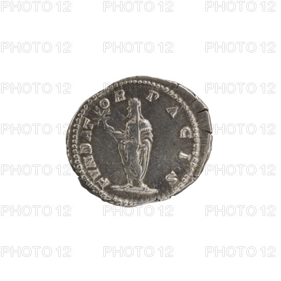 Denarius, standing emperor, Septimius Severus (Roman emperor; 146–211) — iconography: branch (attribute). Obverse: SEVERVS PIVS AVG, head of Septimius Severus with a laurel wreath to the right; pearl border. Reverse: FVNDAT OR PACIS, emperor in a toga and veil stands facing left, holding a branch in his right hand and a scroll in his left; pearl border. Date: 201–210. Roman Empire (27 BC–476). Rome. Coin. Diameter: 17.0–20.0 mm. Weight: 3.20 g.
