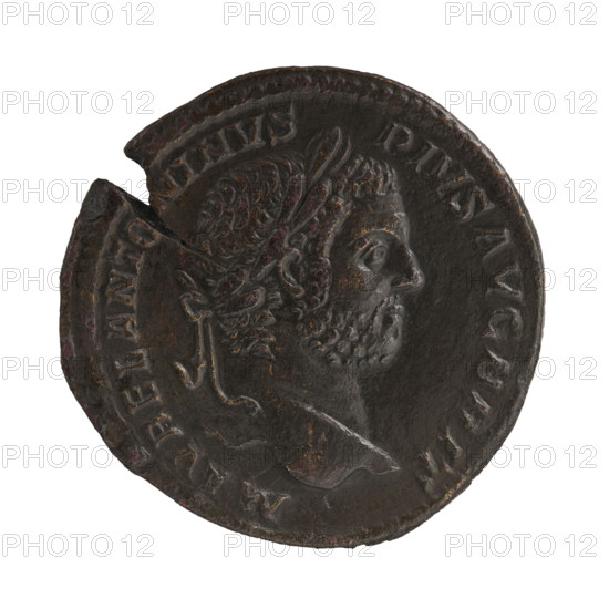 Sestertius of Caracalla (188–217; Roman emperor 198–217). Obverse: head of the emperor in a laurel wreath facing right, pearl border; inscription MAVRELANTONINVS PIVS AVGG BRIT. Reverse: Fortuna seated facing left, holding a rudder in her right hand and a cornucopia in her left, a wheel under the throne, pearl rim; inscription FORT RED P M TR P XX III COS II I P P. Date: 211. Roman Empire (27 BC–476), Rome. Coin: diameter 31.5 mm, weight 21.60 g.