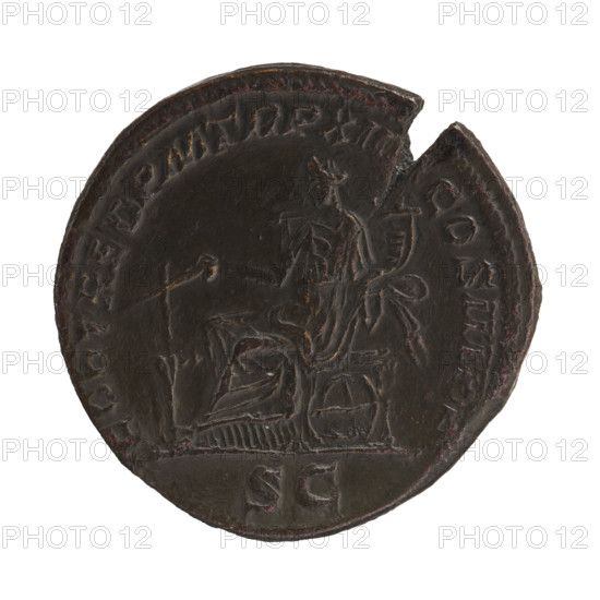Sestertius of Caracalla (reigned 198–217; emperor 188–217). Obverse: head of the emperor in a laurel wreath facing right, pearl border; inscription MAVRELANTONINVS PIVS AVGBRIT. Reverse: Fortuna seated facing left, holding a rudder in her right hand and a cornucopia in her left, a wheel under the throne, pearl rim; inscription FORT RED P M TR P X III COS II I P P. Date: 211. Roman Empire (27 BC–476), Rome. Coin: diameter 31.5 mm, weight 21.60 g.