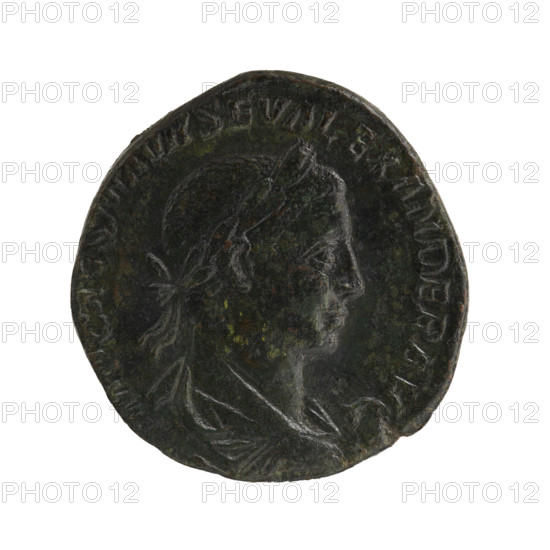 Sestertius, standing emperor, Alexander Severus (Roman emperor; 222–235) — iconography: globes. Obv.: IMP CAES MAVR SEV ALEXANDER AVG — Bust of Alexander Severus to right with laurel wreath and drapery. Rev.: PONTIF MAX TR P IIII COS PP — Emperor in military attire standing left, holding a ball in his right hand and a spear with point down in his left; SC on both sides; pearl rim. Date: 225. Place: Rome, Roman Empire (27 BC–476). Object type: coin (sestertius). Diameter: 28.0–29.5 mm. Weight: 20.20 g.
