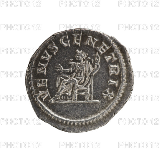 Denarius, Caracalla (188–217; Roman emperor 198–217), issuer: Julia Domna (c. 160–217; Roman empress 193–211). Obverse: Bust of Julia Domna right, wearing drapery, hair tied back; legend 'IVLIAPIA FELIX AVG'. Pearl border. Reverse: Venus Genetrix seated left, right hand extended, holding a scepter in left. Pearl border. Date: 211–217. Roman Empire (27 BC–476), Rome. Coin; diameter 18.0 mm; weight 2.75 g.
