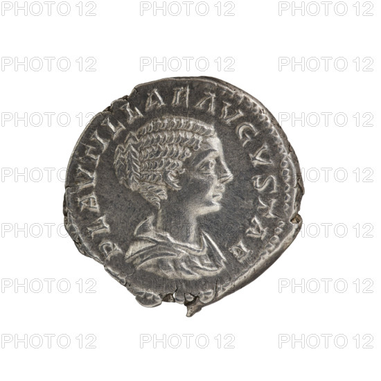 Denarius, Plautilla (ca. 185–212; Roman empress 202–205). Obverse: bust of Plautilla in drapery at right, hair in a bun; legend 'PLAVTILLAEAVGVSTAE'; pearl border. Reverse: Plautilla and Caracalla shaking hands; legend 'PROPAGOIMPERI'; pearl border. Date: 202–205. Roman Empire. Rome. Coin; diameter 18.0 mm; weight 3.25 g.