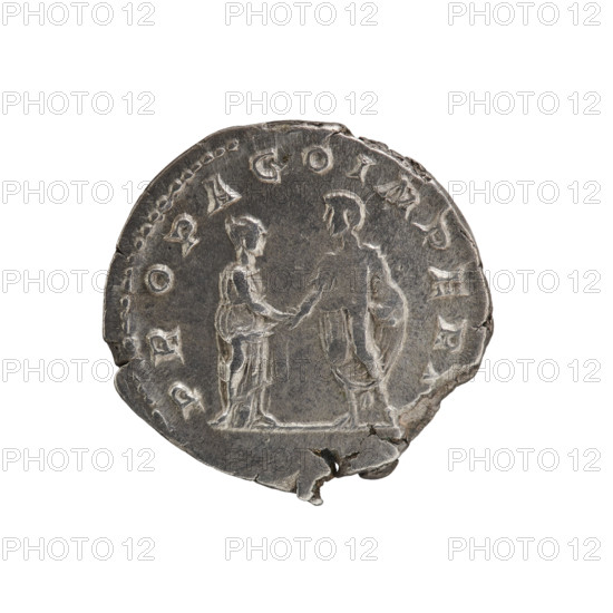 Denarius, Plautilla (ca. 185–212; Roman empress 202–205). Obverse: bust of Plautilla in drapery at right, hair in a bun; inscription 'PLAVTILLAEAVGVSTAE'; pearl border. Reverse: Plautilla and Caracalla shaking hands; inscription 'PROPAGOIMPERI'; pearl border. Date: 202–205. Roman Empire (27 BC–476). Rome. Coin; diameter 18.0 mm; weight 3.25 g.