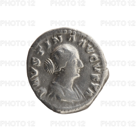 Denarius of Faustina the Younger (ca. 130–176), Roman empress 161–176; issuer Marcus Aurelius (121–180), Roman emperor 161–180. Obverse: draped bust of Faustina II facing right, inscription FAVSTINA AVGVSTA. Reverse: Fecunditas standing left holding two children, with two more children at her sides, inscription FECVND AVGVSTAE. Date: 161–176. Roman Empire, Rome. Coin; diameter 17.5–18.5 mm, weight 2.65 g, axis 0°.