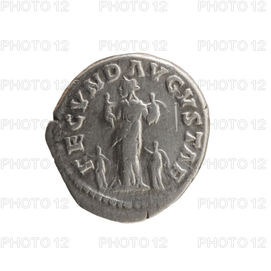 Denarius of Faustina the Younger (ca. 130–176), Roman empress 161–176; issuer: Marcus Aurelius (121–180), Roman emperor 161–180. Draped bust of Faustina II facing right, inscription FAVSTINA AVGVSTA. Reverse: Fecunditas standing left holding two children, two more children standing at her sides, inscription FECVND AVGVSTAE. Iconography: personifications, children; Fecunditas (personification). Date: 161–176. Roman Empire, Rome. Coin; diameters 17.5 mm and 18.5 mm, weight 2.65 g, axis 0°.