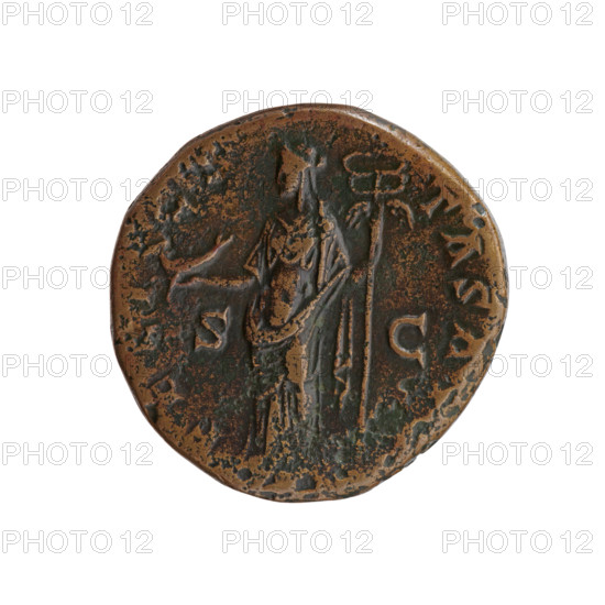 sestertius, Antoninus Pius (86–161; Roman emperor 138–161), issuer: Antoninus Pius; obverse: head of the emperor in a laurel wreath facing right, inscription ANTONINVS AVG PI - VS PP TR, COS IIII around; reverse: Felicitas standing left, holding an ibex in his outstretched right hand and a long winged caduceus in his left, inscription FELI - CI - TAS A, letters S - C in fields; iconography: Felicitas (personification), ibex, caduceus; date: 145–161; Roman Empire; medium: bronze coin (sestertius); diameter ca. 31.0–31.5 mm, weight 24.78 g, axis 15°.