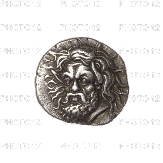 Tetrobol, Pantikapaion; obverse: head of bearded Satyr three-quarters left; reverse: bull's head left with surrounding letter; Satyr (mythology), bulls; Cimmerian Bosporus, Pantikapaion; 360–340 BC; coin; weight 3.52 g; axis 180°; dimensions 15.8 × 15.7 mm; maker/date attribution: Terlecki, Ignacy (1860–1916) (inscription).