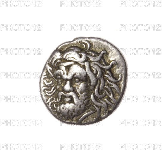Tetrobol, Pantikapaion; obverse: head of bearded Satyr 3/4 left; reverse: bull's head left, around the letter; iconography: Satyr's head (mythological), bull's head (iconographic), animals; Black Sea, Cimmerian Bosporus, Pantikapaion; 360–340 BC; coin; weight 3.50 g; axis 90°; dimensions 15.8 mm × 15.1 mm.