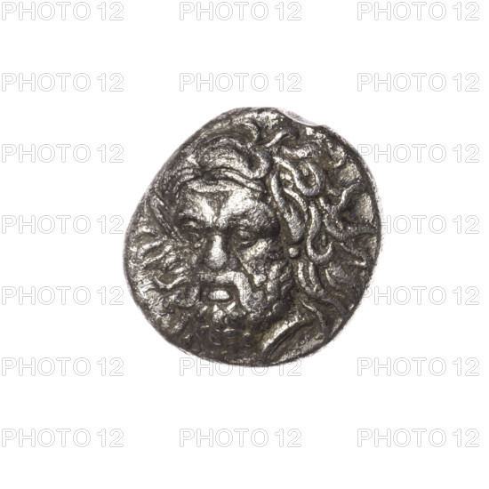 tetrobol, Pantikapaion, bull's head (iconographic), Satyr's head (iconographic), Black Sea, bulls, animals, Satyr (mythology), aw: head of bearded Satyr 3/4 left; rw: bull's head left, around the letter; 360–340 BC, Cimmerian Bosporus, Pantikapaion, coin, weight 3.37 g, axis 330°, diameter ~15.5–15.7 mm