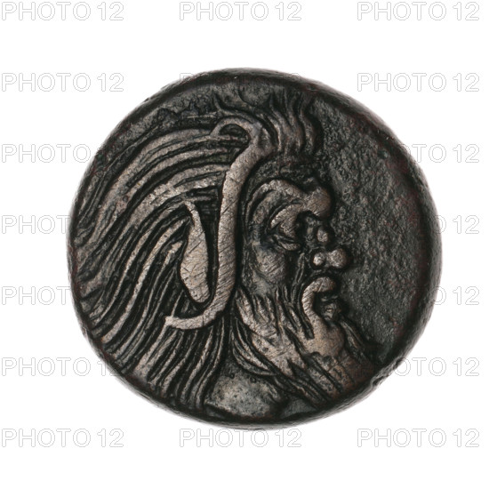 Bronze coin, Pantikapaion; obverse: head of a bearded Satyr without a wreath facing right; reverse: protoma of an eagle-headed griffin facing left, a sturgeon at the bottom left, letters on the sides and top. Iconography: protoma of a griffin, head of a Satyr, Satyr (mythological), griffins, fish, sturgeons; Black Sea, Cimmerian Bosporus, Pantikapaion; dated 330–315 BC; weight 7.86 g; axis 330°; dimensions 20.8 mm × 21.6 mm.